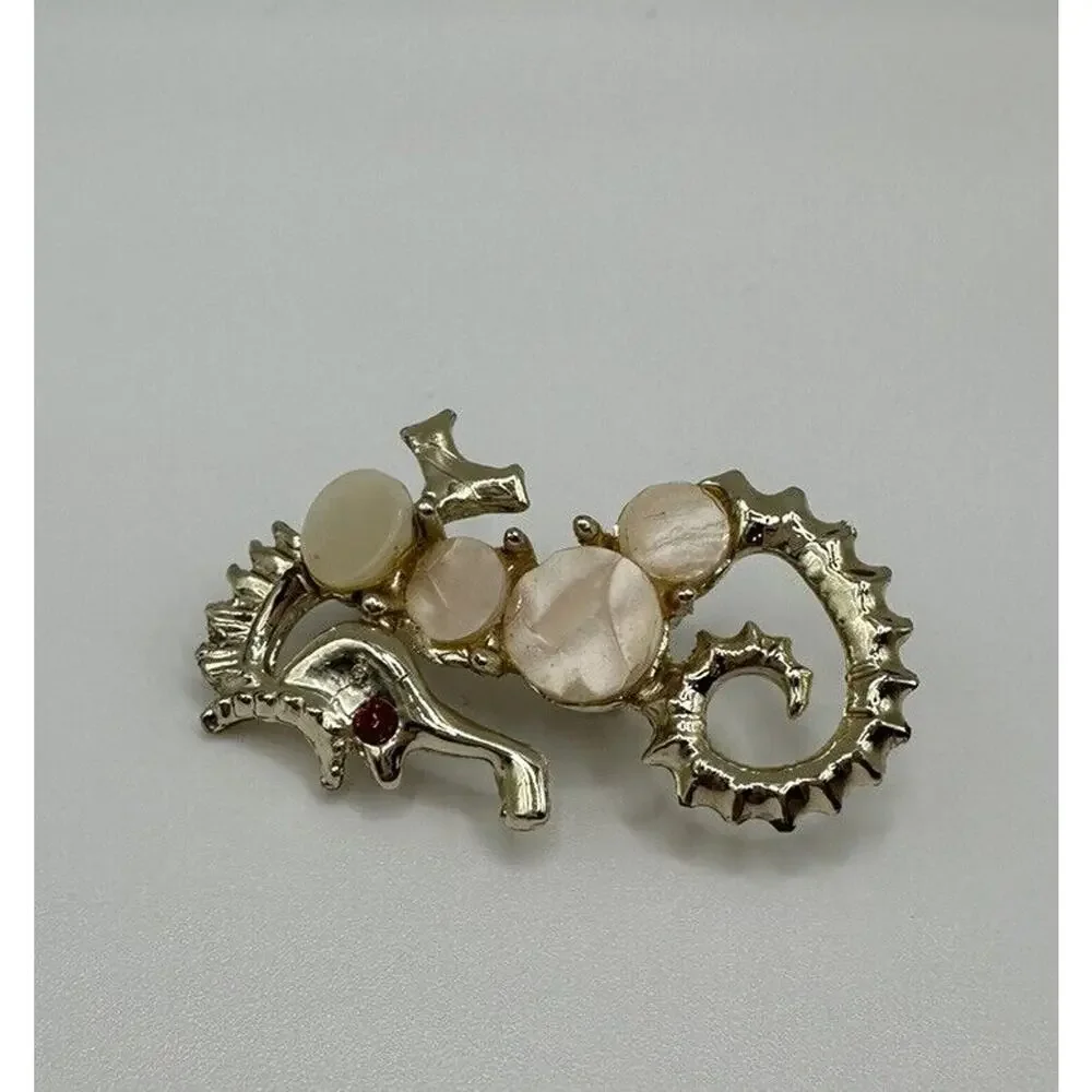 Vintage Gold Tone‎ Seahorse With Mother Of Pearl Discs Brooch /Pin Nautical